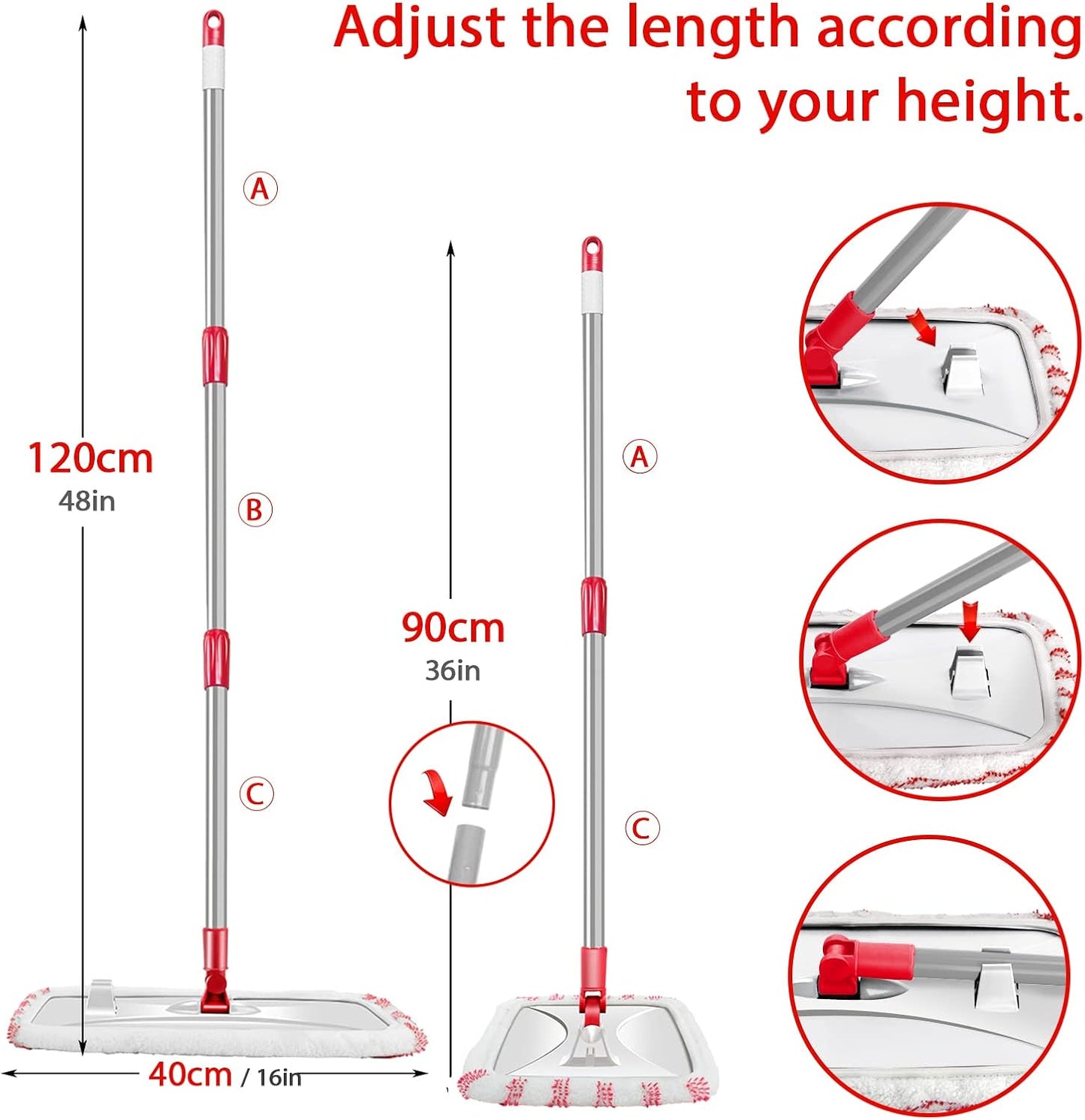 MASTERTOP Microfibre Flat Mop, Extended Wet Dry Large Floor Mop with 5 Reusable Pads & Telescopic Handle, Dust Mops for Laminate Wooden Hard Floor Vinyl Tile Floors Cleaning - Send 1 Cleaning Scraper