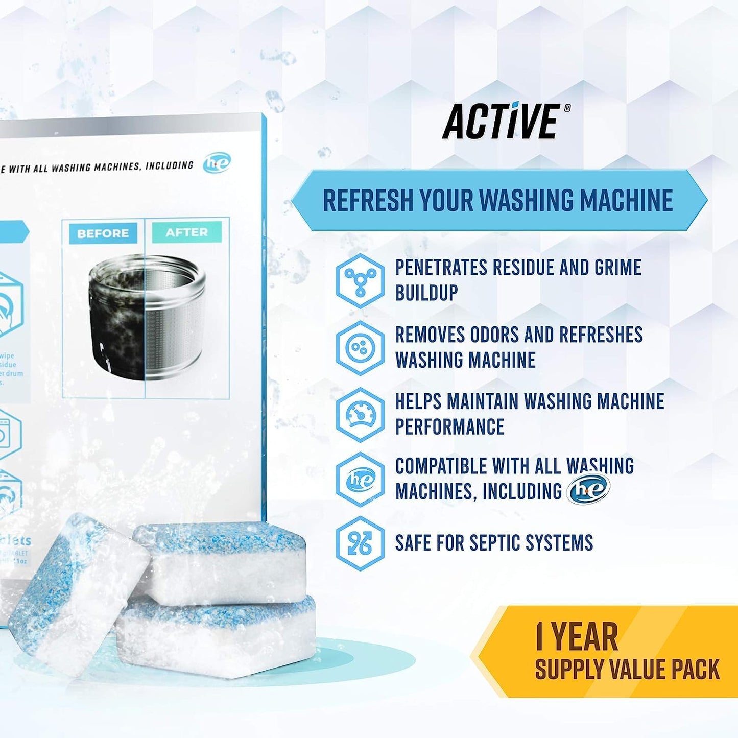 ACTIVE Washing Machine And Dishwasher Cleaning Tablets Bundle - Includes 12 Month Supply Dishwasher Cleaner Deodorizer & Washing Machine Descaler Deep Cleaning Tablets - 48 Tablet Set