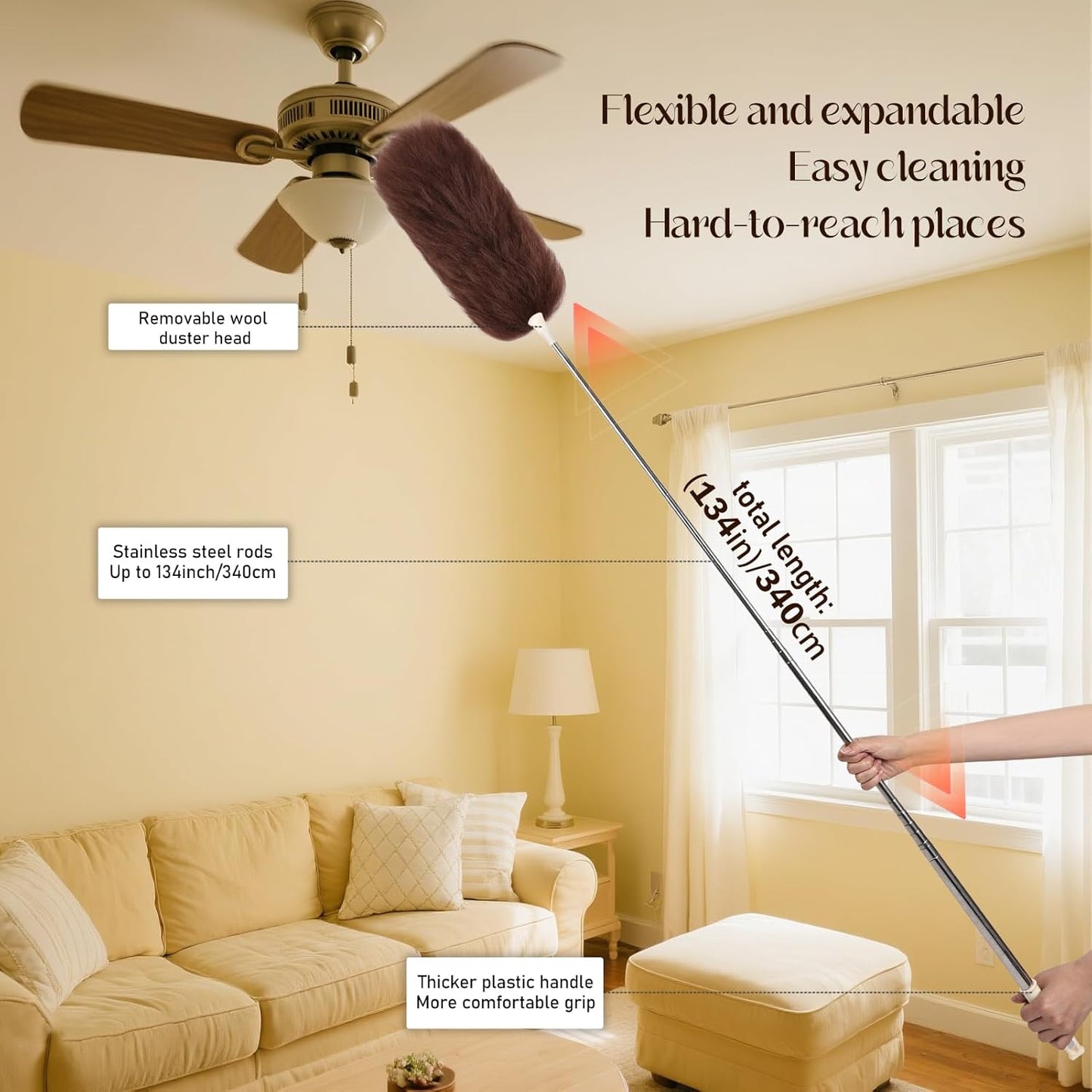 Extendable Lambswool Duster Stainless Steel Handle 133" Removable Feather Duster for Cleaning Ceiling Fans Interior Roof Furniture, Brown