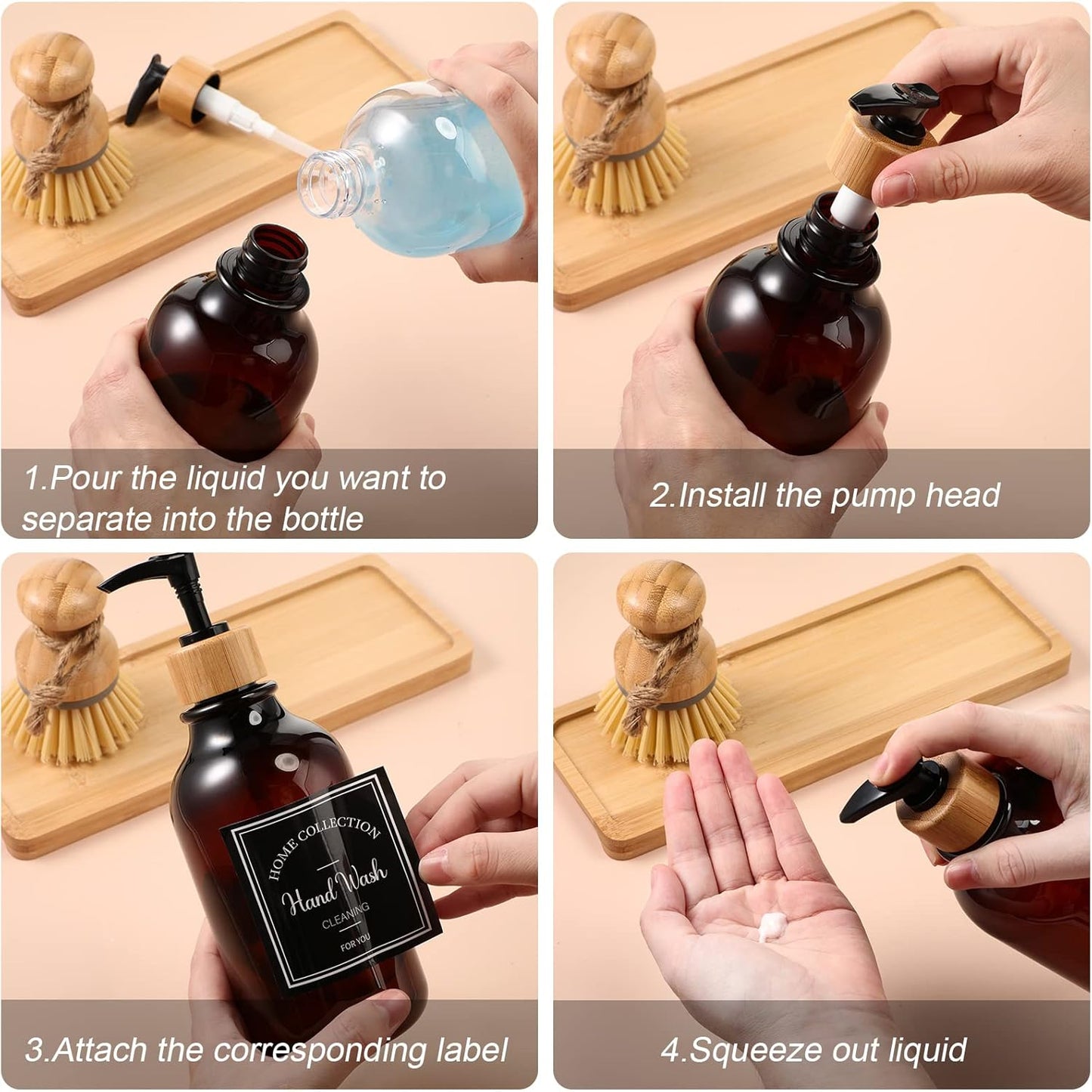 Zopeal 4 Pcs 16 oz Kitchen Soap Dispenser Set with Bamboo Tray and Dish Brush Plastic Soap Dispenser Set with Waterproof Labels for Hand Dish Lotion(Frosted Black)