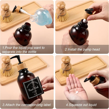 Zopeal 4 Pcs 16 oz Kitchen Soap Dispenser Set with Bamboo Tray and Dish Brush Plastic Soap Dispenser Set with Waterproof Labels for Hand Dish Lotion(Frosted Black)