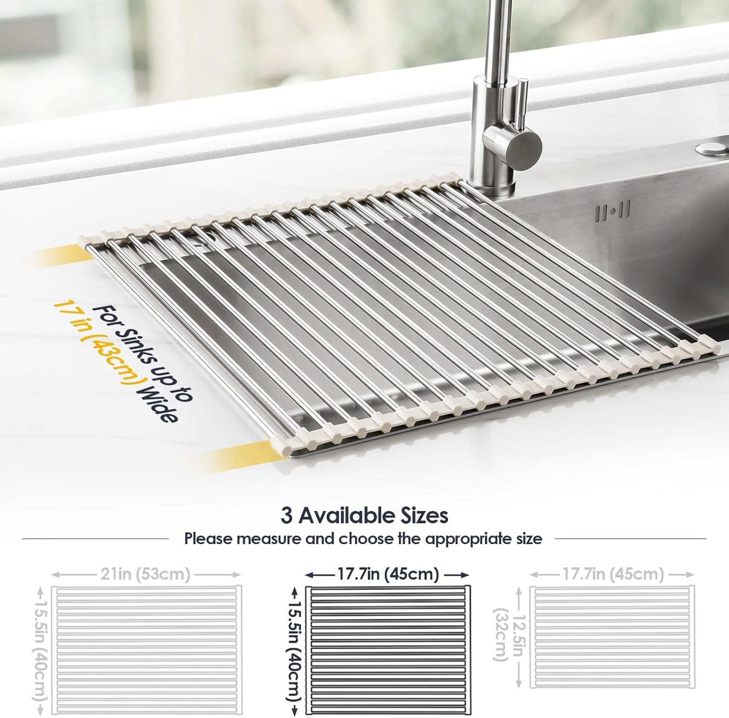Tomorotec 17.7" x 15.5" Roll Up Dish Drying Rack Over Sink Drying Rack Sink Cover Kitchen Sink Accessories Gadget Multipurpose Organizer Foldable Stainless Steel Drainer (Grey)