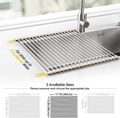 Tomorotec 17.7" x 15.5" Roll Up Dish Drying Rack Over Sink Drying Rack Sink Cover Kitchen Sink Accessories Gadget Multipurpose Organizer Foldable Stainless Steel Drainer (Grey)