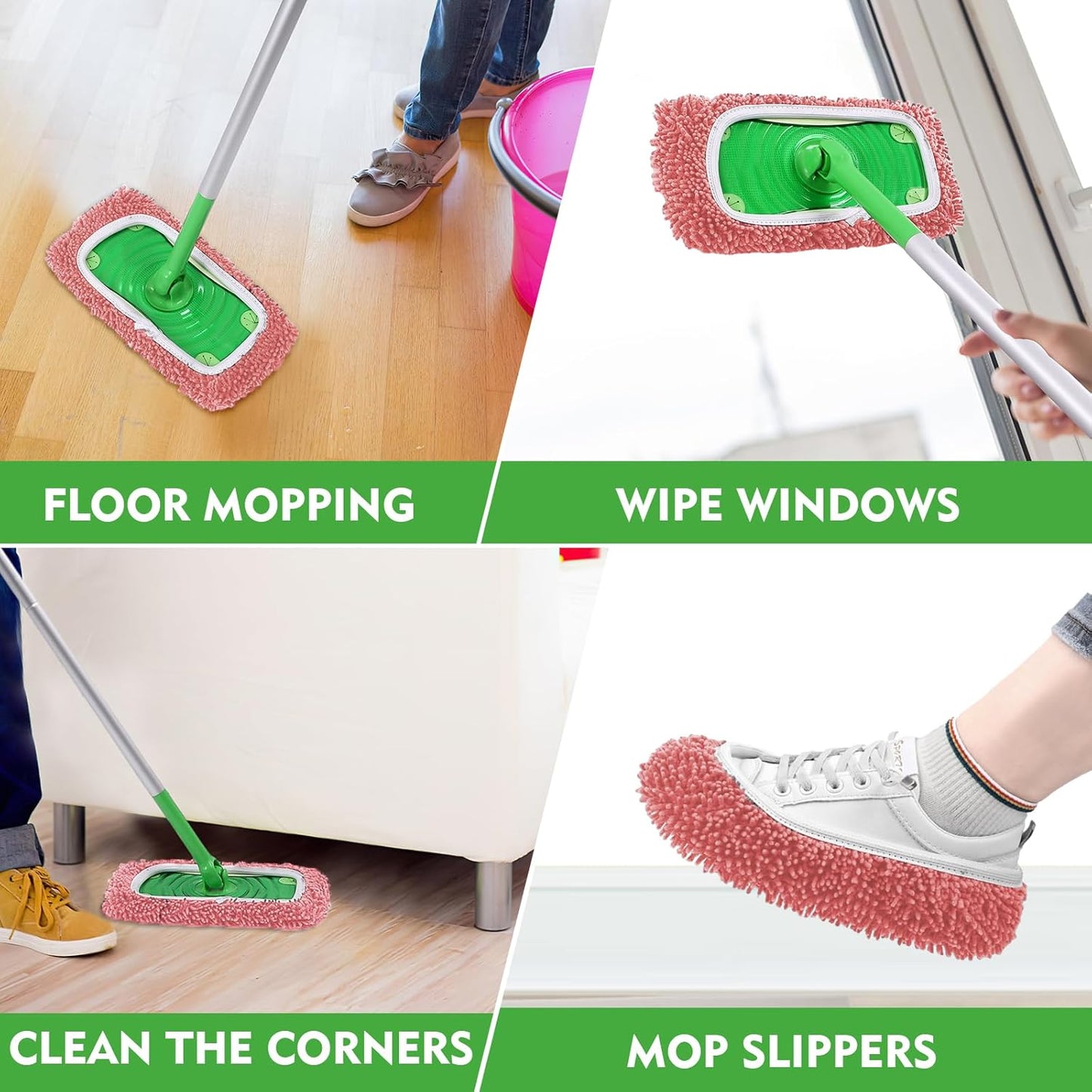 Reusable Microfiber Mop Pads Compatible with Swiffer Sweeper- 4 Pack Dry Sweeping Cloths & Wet Mopping Cloths - Chenille Washable Wet Pads Refill for Mopping Floors (Mop is not Included)