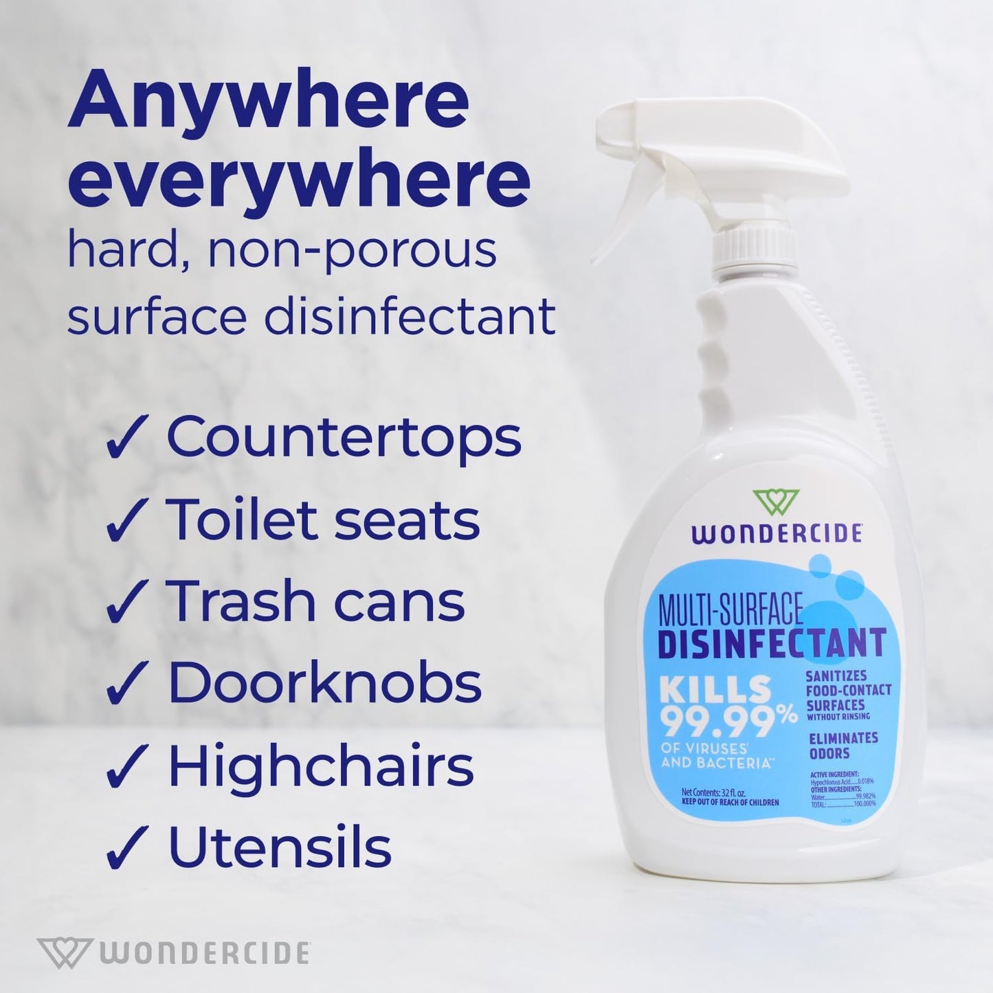 Wondercide - Multi-Surface Disinfectant Spray - Kills 99.99% Viruses & Bacteria - Fragrance Free Cleaner with Hypochlorous Acid for Home, Kitchen, Pet Areas - 32 fl oz