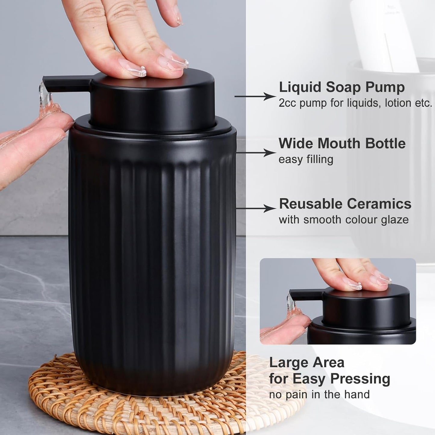BosilunLife Dish Hand Soap Dispenser - Liquid Pump Soap Dispenser for Bathroom Decro 12oz Ceramic Kitchen Dish Dispenser with Rust-Proof Liquid Pump Modern Refillable Lotion Bottles