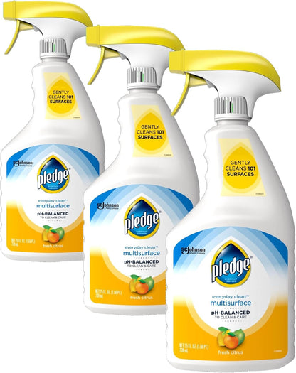 Pledge pH-Balanced Multisurface Cleaner Spray for Everyday Care, Fresh Citrus Scent, 25oz (Pack of 3)