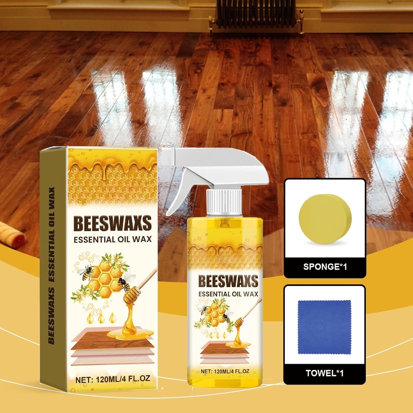 Natural Beeswax Wood Polish Spray, Furniture Polish with Beeswax for Wood Cabinets Tables & Floors, Wood Cleaner and Conditioner Spray for Restoring Shine (2pcs)