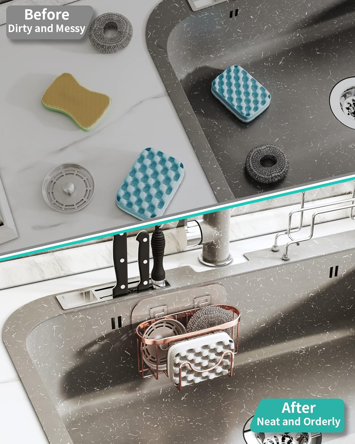HapiRm Multifunctional Sponge Holder with Unique M-Shaped, 2 Installation Methods Kitchen Sink Caddy Organizer, Rustproof Stainless Steel Kitchen Organizers and Storage Essentials - Black