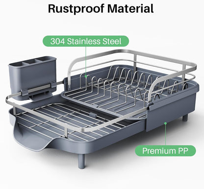 SNTD Dish Drying Rack, Expandable Dish Rack for Kitchen Counter, Stainless Steel Dish Drainer with Drainboard Set and Utensil Holder (Black)