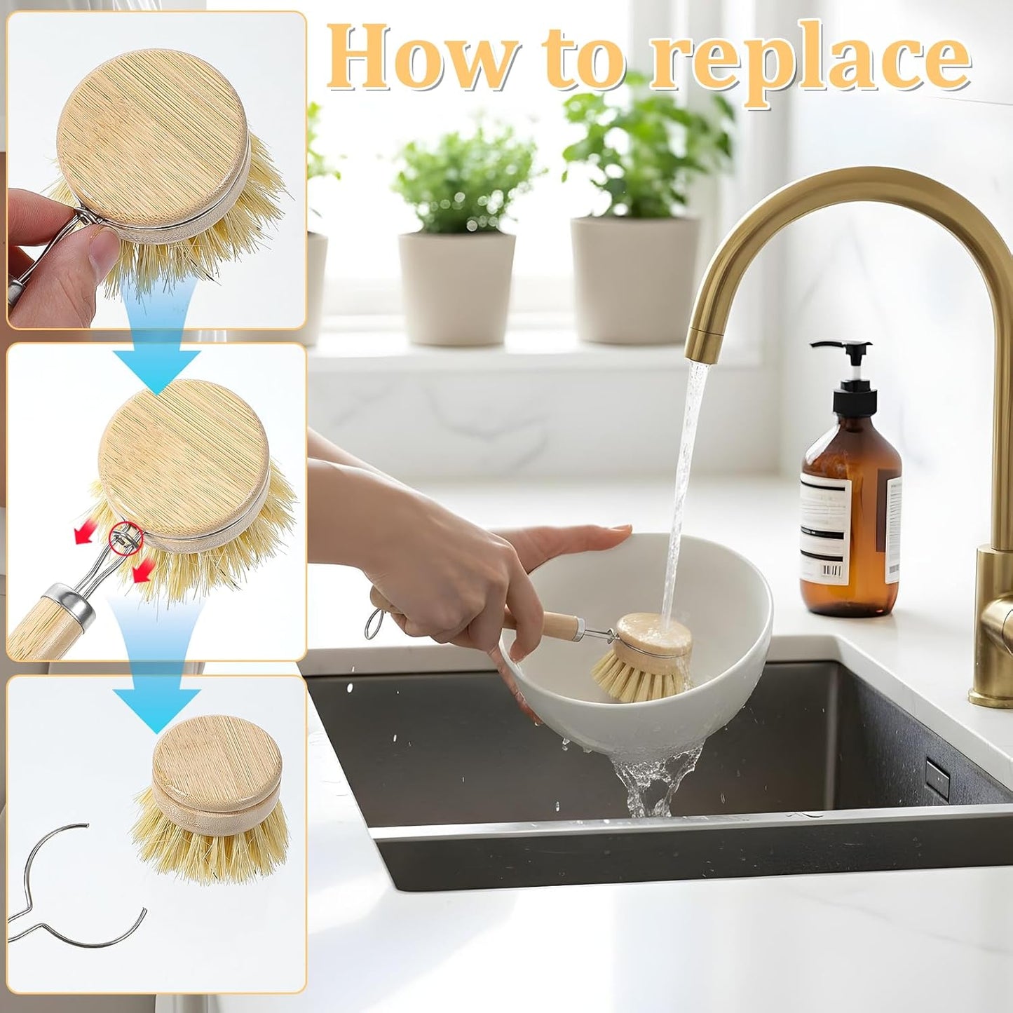 9 Pcs Bamboo Dish Brush Set Wooden Dish Brush with Sisal and Palm Fiber Natural Wooden Kitchen Brushs Practical Dishs Cleaning Brushs Sets for Pots Pans Bottle Sink Vegetables Household Cleaning