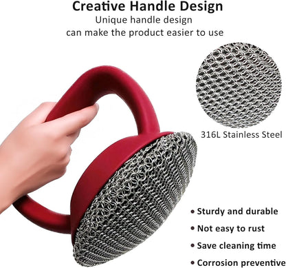 Cast Iron Scrubber with Handle 316L Stainless Steel Chainmail Scrubber for Cast Iron Pan Skillet Cleaner,Skillets and Grills (Red)