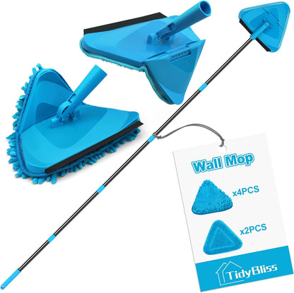 Wall Cleaning Mop with Long Handle 80”, Ceiling Duster Scrubber with 360° Swivel Collapsible Head, Baseboard Cleaner Tool with 3 Chenille and 3 Microfiber Pads for Windows Floor (Red)