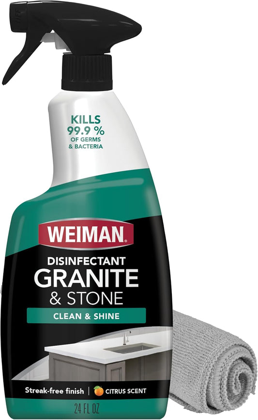 Weiman Disinfectant Granite Cleaner and Polish With Microfiber Cloth - Safely Clean Disinfect and Shine Granite Marble Soapstone Quartz Quartzite Slate Limestone Corian Laminate Tile Countertop