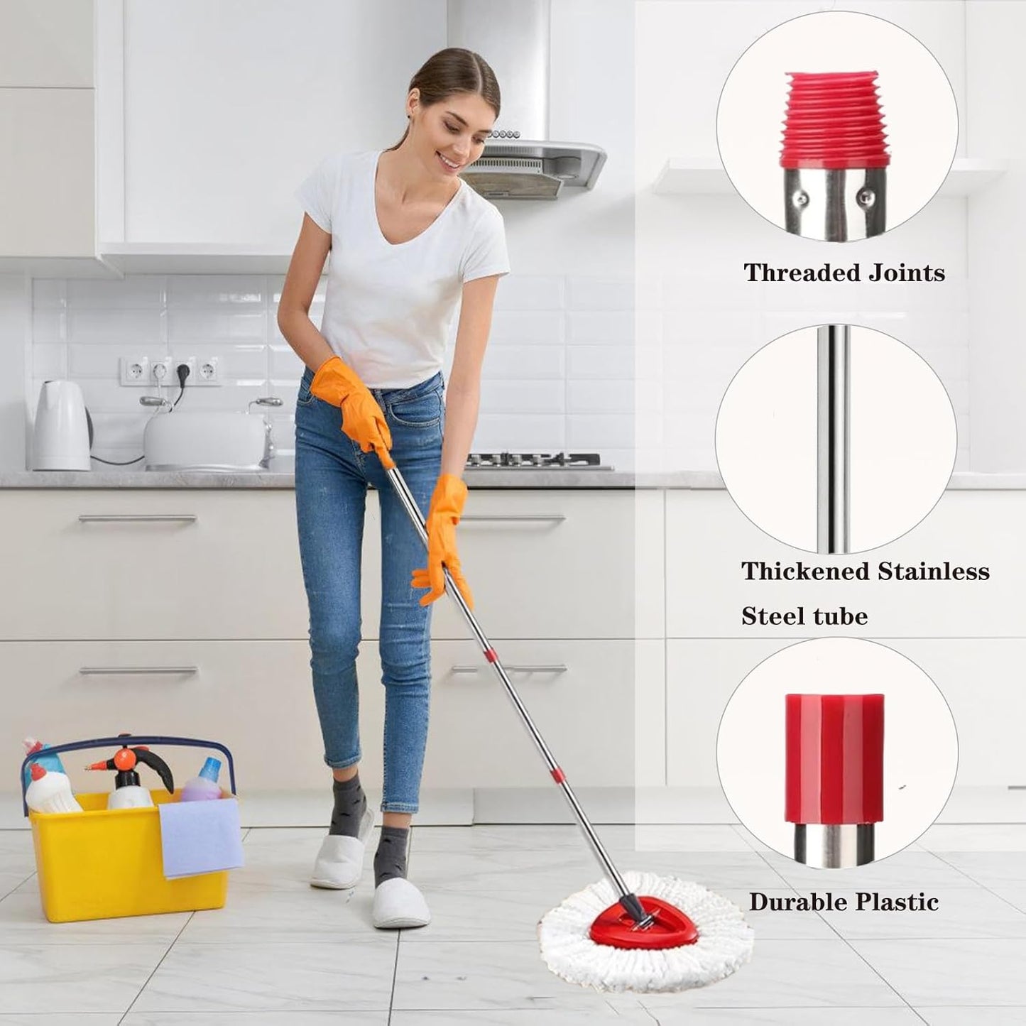 Spin Mop Replacement Head Mop Replace Head Compatible with O Cedar EasyWring Spin Mop - 4 O-Ceda Mop Refills、30-58in Mop Handle and 1 Mop Base and 1 Mop Base Scrub Brush Combo Set
