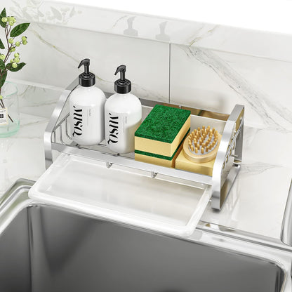 BSKSSK Sink Caddy, Sponge Holder for Kitchen Sink, Bathroom Sink Organizer, 304 Stainless Steel Kitchen Countertop Organizer Soap Tray with Removable Drain Tray-Black