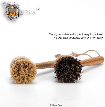 FOLI Bamboo Handle Dish Scrub Brushes - Wooden Cleaning Scrubbers with Stiff Bristles for Washing Kitchen Cast Iron Pan Pot (2PCS with Sisal & Palm Bristles, Long Handle)