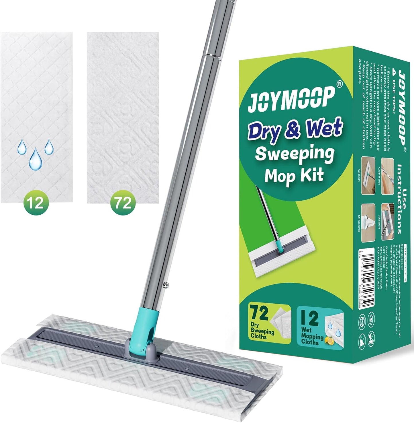 JOYMOOP Sweeper Mop Kit for Floor Cleaning, 36 Pcs Dry Cloth Refills (Unscented) + 6 Pcs Wet Cloth Refills (Lemon Scent) – Wet and Dry Mop for Pet Hair and Dust, Turquoise-Cyan + Muted Grey