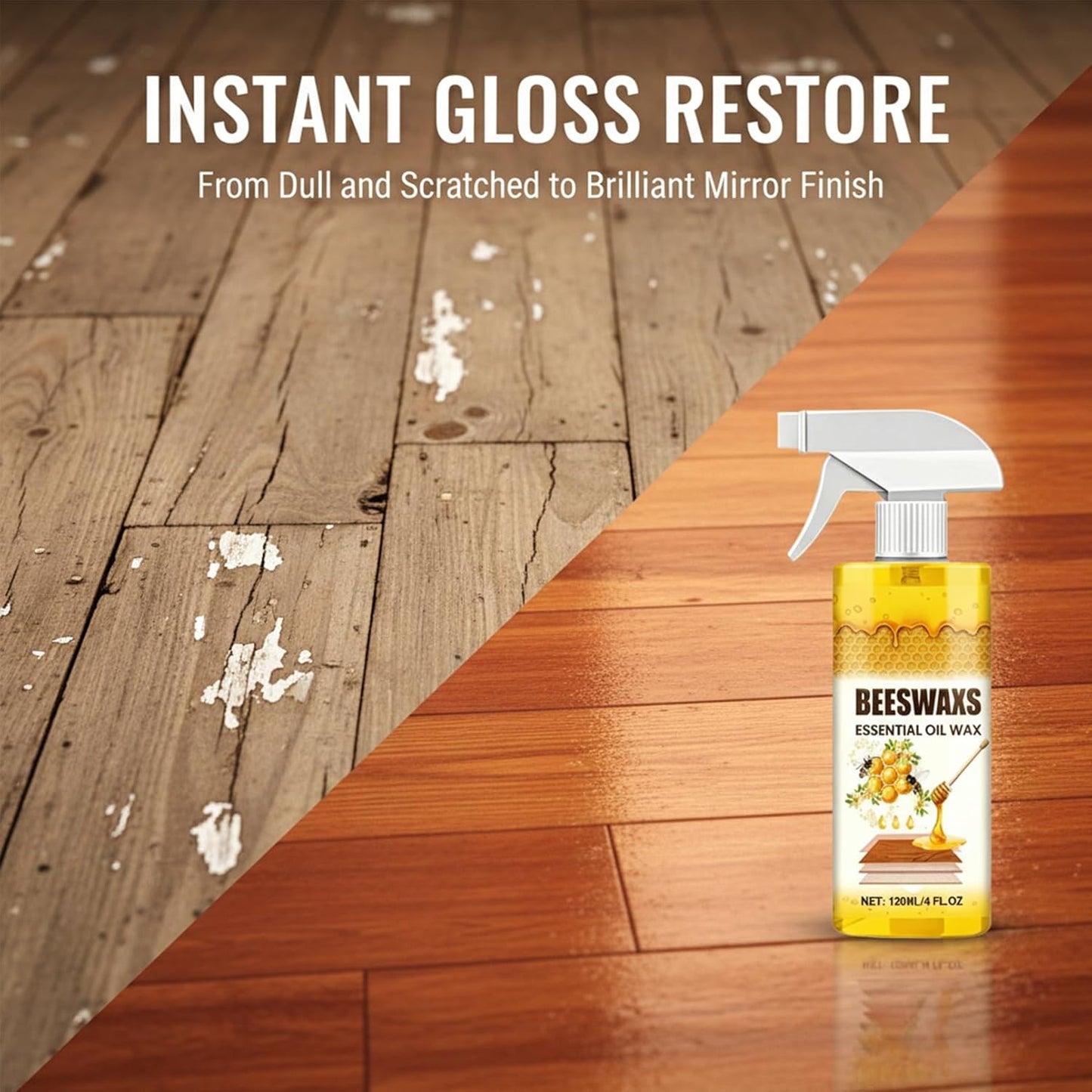 Beeswax Wood Polish Spray, Bees Wax Furniture Polish and Cleaner with Sponge & Towel, Wood Cleaner for Floors, Cabinets, Tables, Doors, Laminate and Finished Wood Surfaces, Citrus Scent, 120ML