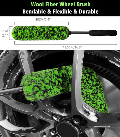 YeewayVeh 8PCS Ultimate Wheel and Tire Brush Kit | 2-Size 360° Bendable Rim Brushes, Boar Hair Detailing Brush, Tire Shine Applicators & Microfiber Towel | Complete Scratch-Free Cleaning & Shining Set