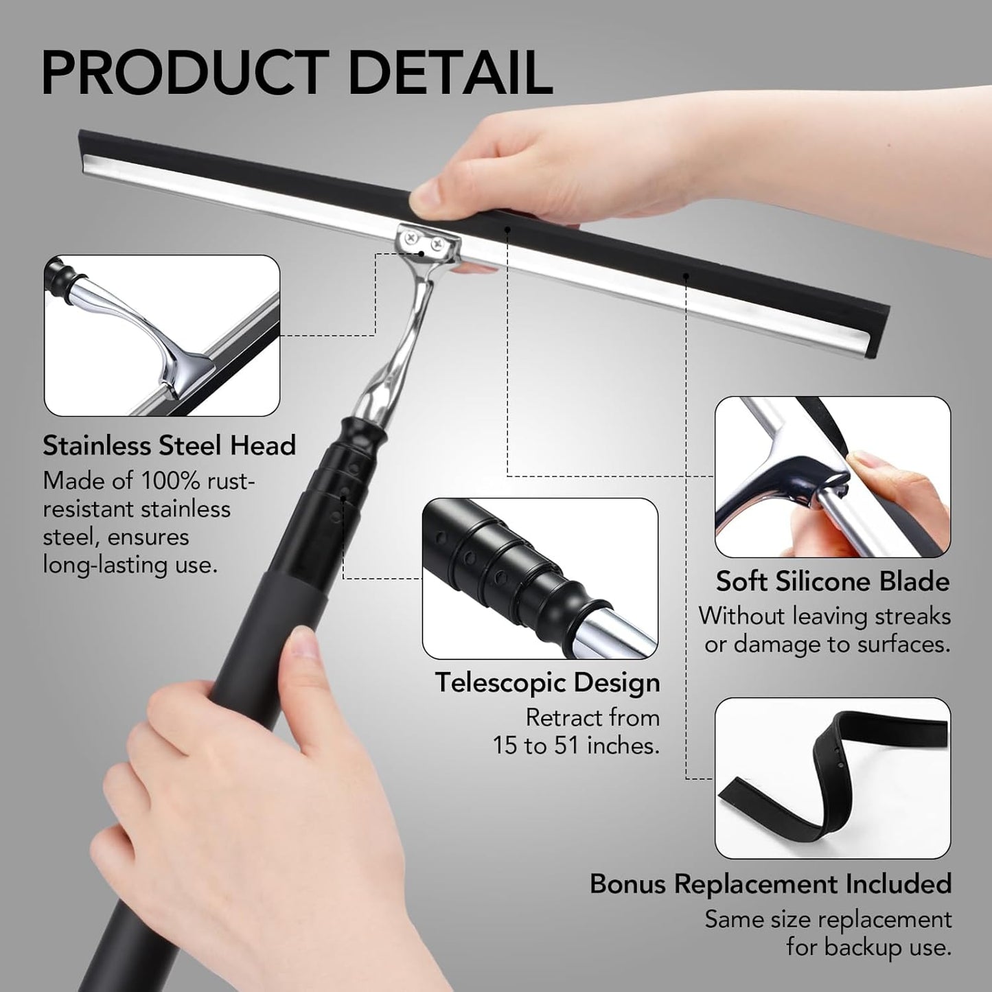 Shower Squeegee for Gass Doors, 15-51" Telescopic Squeegee for Window Cleaning, Squeegee for Shower Glass, Window Cleaner Tool with Long Handle for Tile Walls, Sliding Door, Floor, Car Windshield