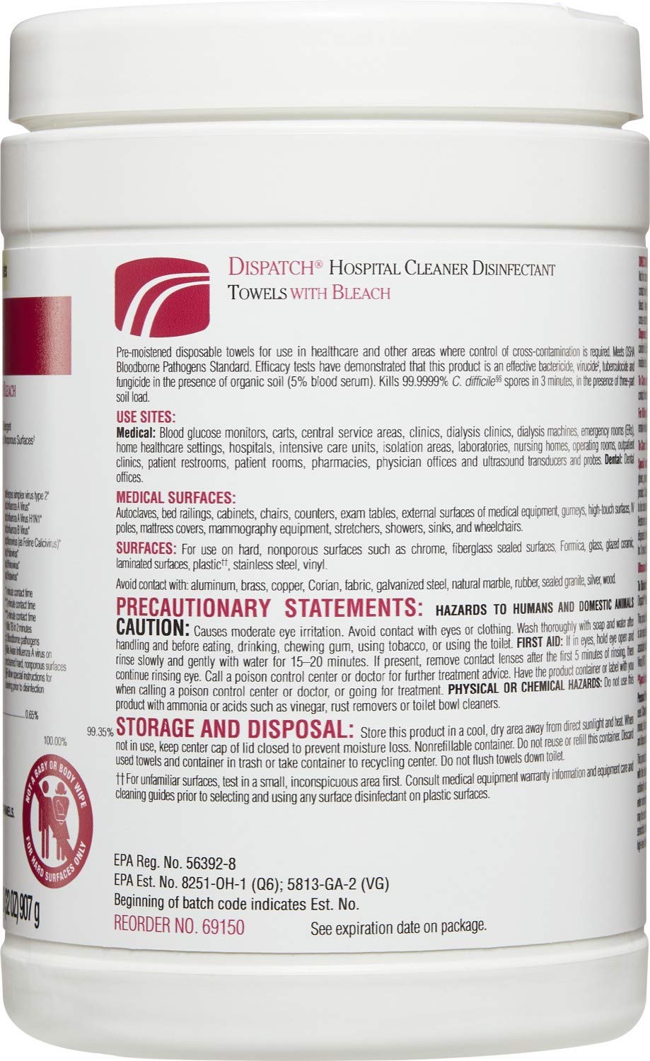 Dispatch Hospital Cleaner Disinfectant Towels with Bleach, 150 Count Canister (Package May Vary)