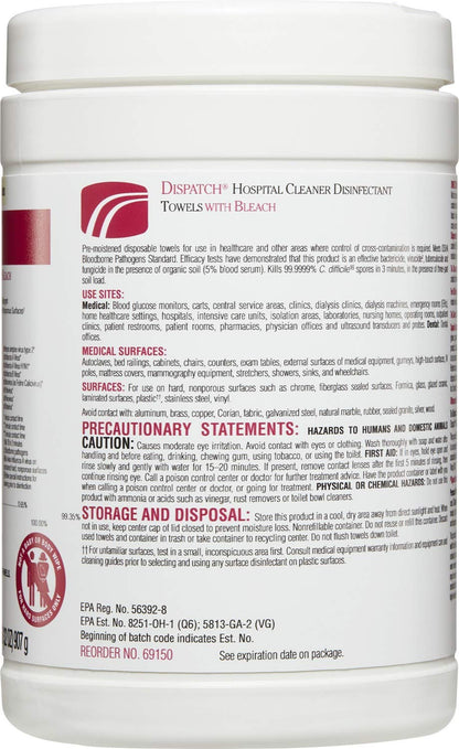 Dispatch Hospital Cleaner Disinfectant Towels with Bleach, 150 Count Canister (Package May Vary)