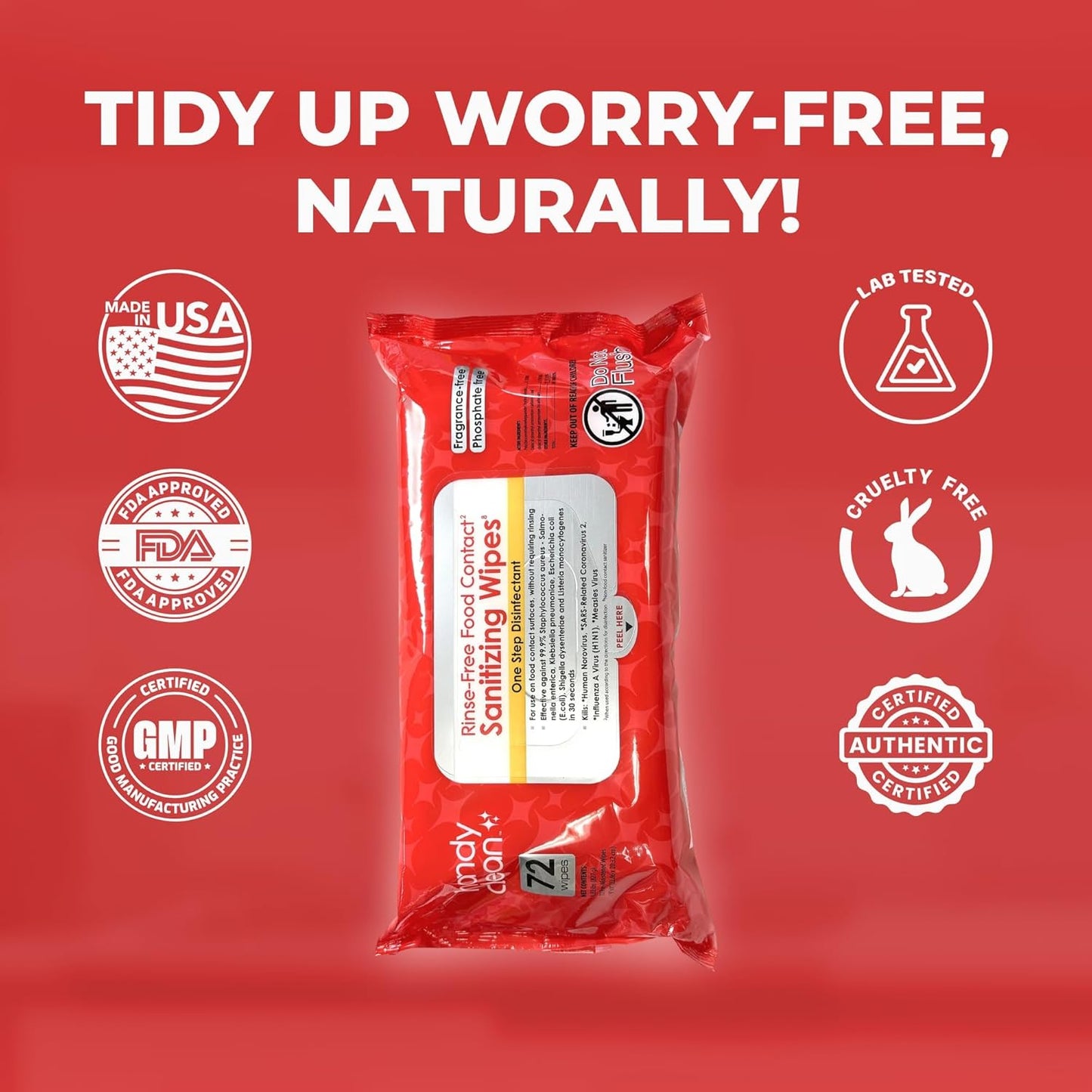 HandyClean Rinse-Free Food Contact Sanitizing Wipes Pouch, Multi Surface Cleaning Supplies for Kitchen and Professional Setting - 1 pack, 71 count