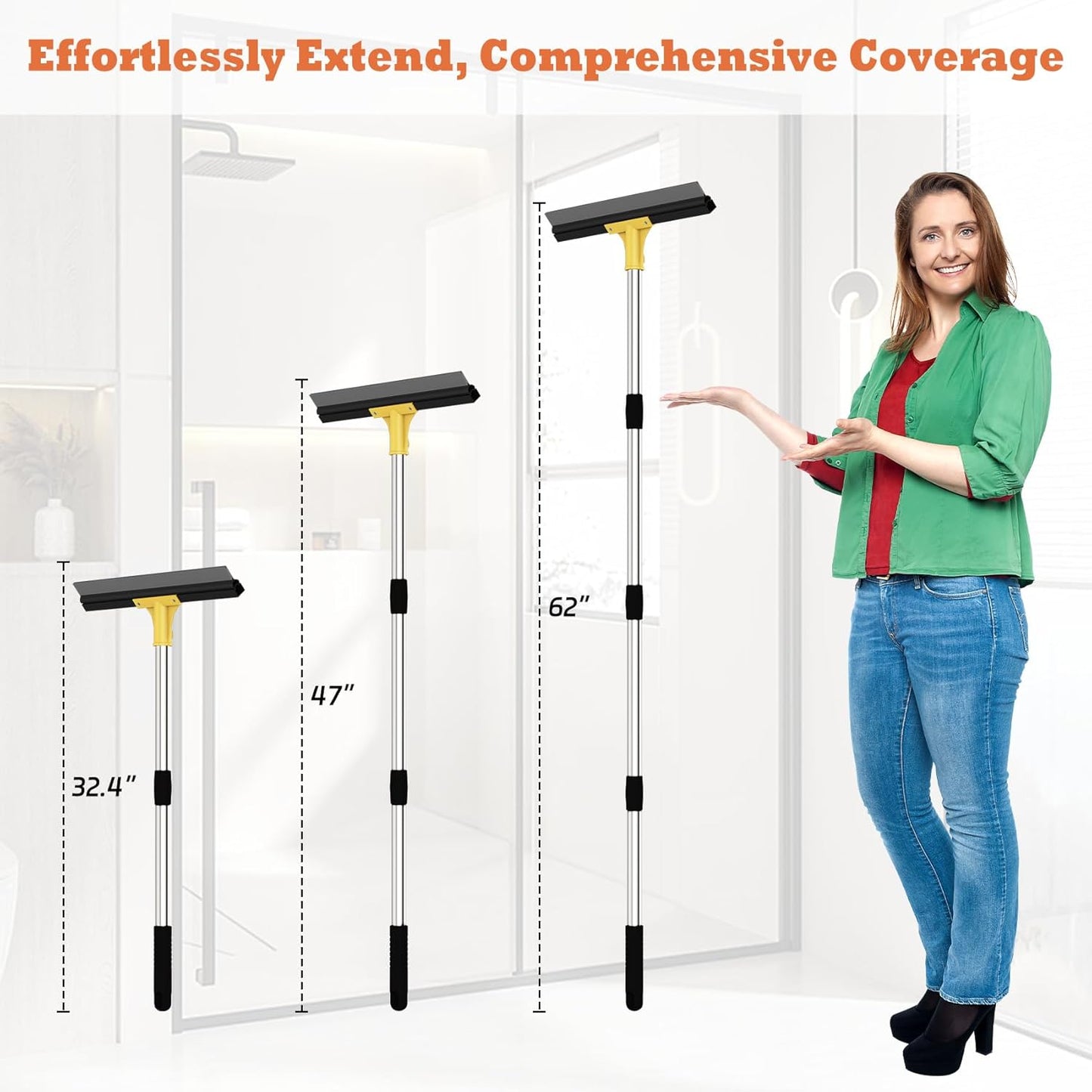 Large Heavy-Duty Floor Squeegee, 18” Rubber Blade Broom & 62” Long Handle Floor Squeegee for Concrete, Bathroom Tile, Garage Concrete, Deck, Shower Glass, Window Cleaning