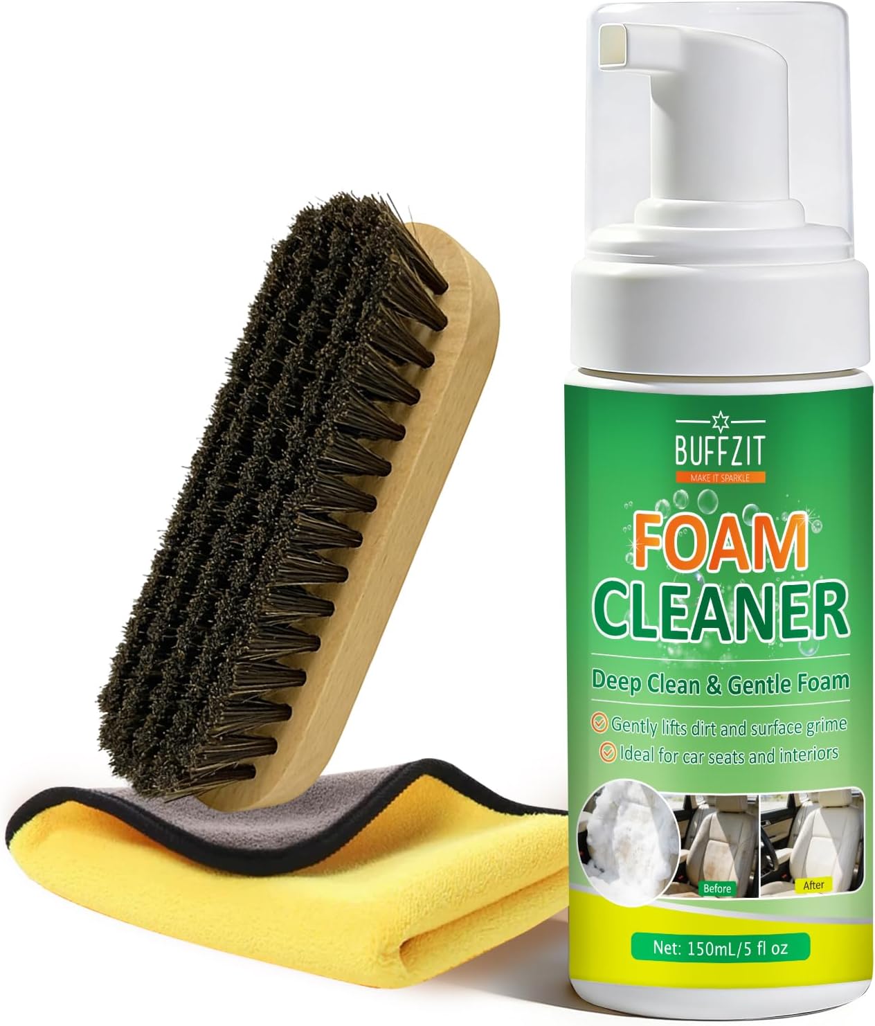Car Interior Foam Cleaner, All-in-One Kit with Soft Brush & Microfiber Towel, Deep Clean Seats, Carpet & Upholstery, No-Rinse, Safe on Leather, Fabric, Vinyl & Plastic, 150ml (5oz)