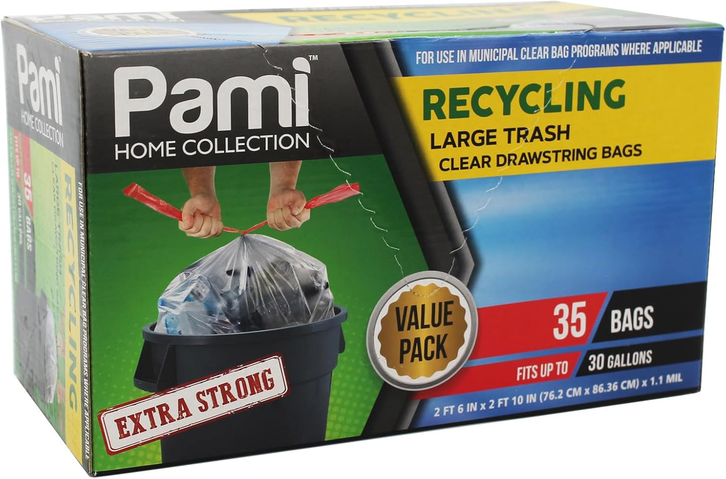 PAMI Recycling Tall Kitchen Drawstring Trash Bags- Extra-Strong Plastic Garbage Bags- Thick Trash Can Liners For Kitchen & Outdoor Bins- 2ft x2ft Unscented Trash Bags (13 Gallon – 60 Count – Clear)