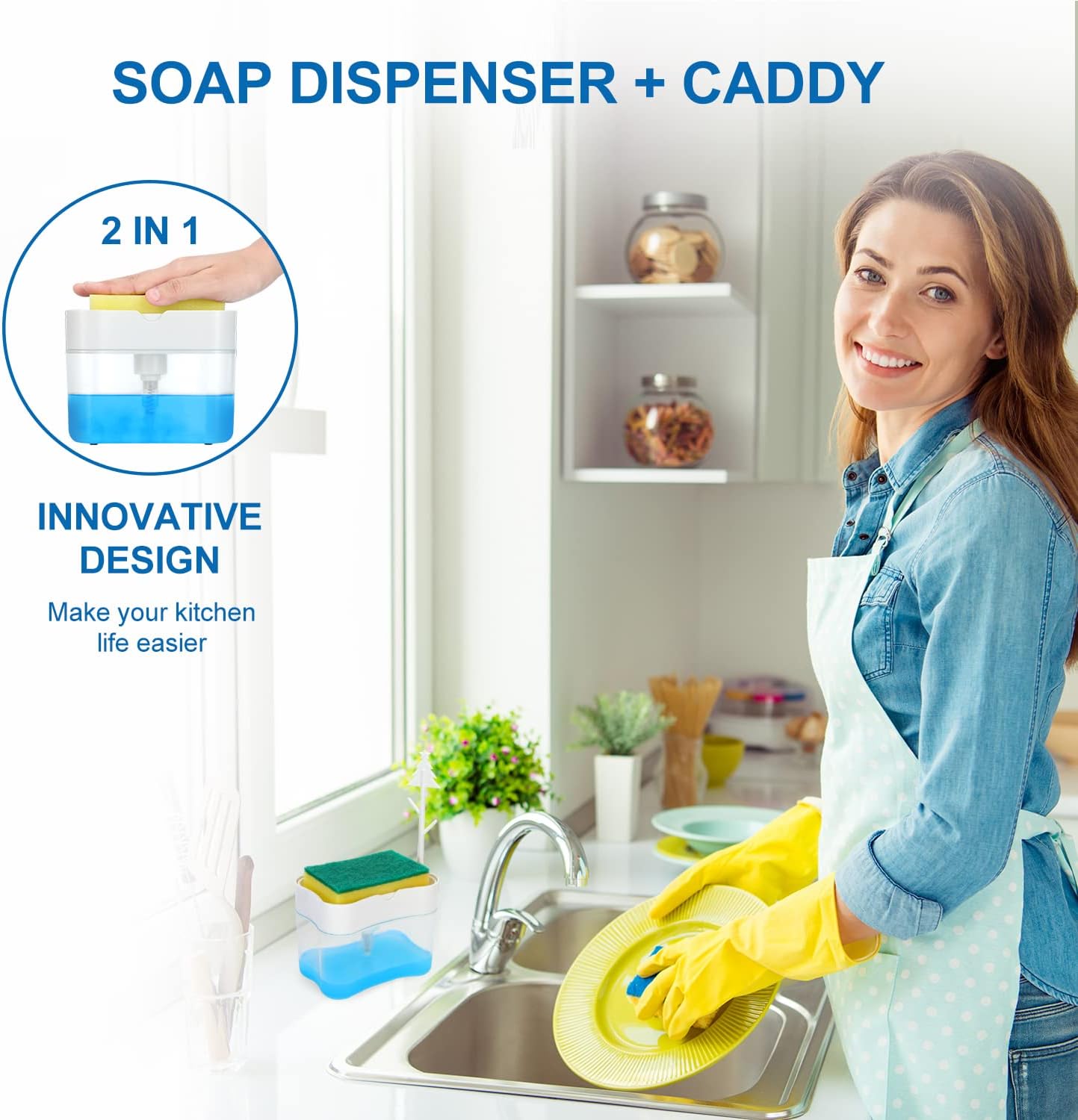 New 2026 Version Soap Dispenser with Added Features - Premium Quality Dish Soap Dispenser - Countertop Kitchen Soap Dispenser, Sink Dish Washing 13 Ounces (Sponge Included)