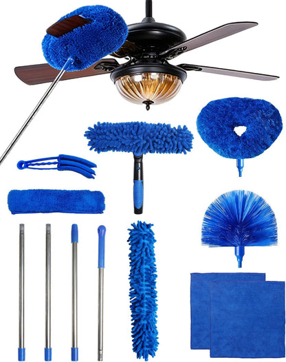 Ceiling Fan Duster Cleaning Kit with 75 Inch Extension Pole, Long Handle Microfiber & Chenille Dusters for High Ceiling Fan Blades, Blinds, Walls, Window Glass Cleaner, Cleaning Tools Set
