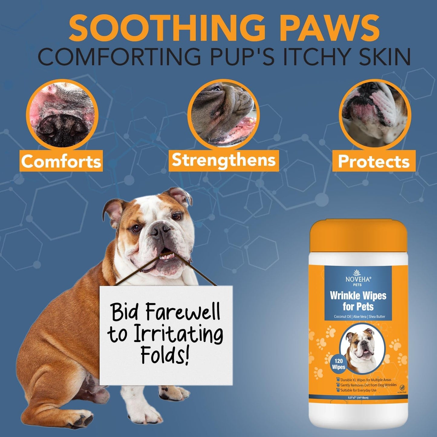 NOVEHA 120PCs XL Formulated Pet Wipes for Dogs & Cats - Safe for Facial & Finger Folds, Underarms, Groin, Hot Spots, Redness & Skin Relief, On-the-Go Size 5.5" x 7"