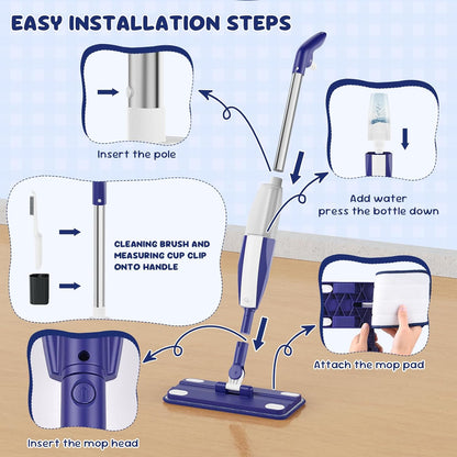 Kids Spray Mop - Chores Chart Set Montessori Cleaning Toy Set with Real Water Sprayer 2PCS Washable Pads and 10PCS Disposable Mop Pads for Ages 3-8 (Blue)