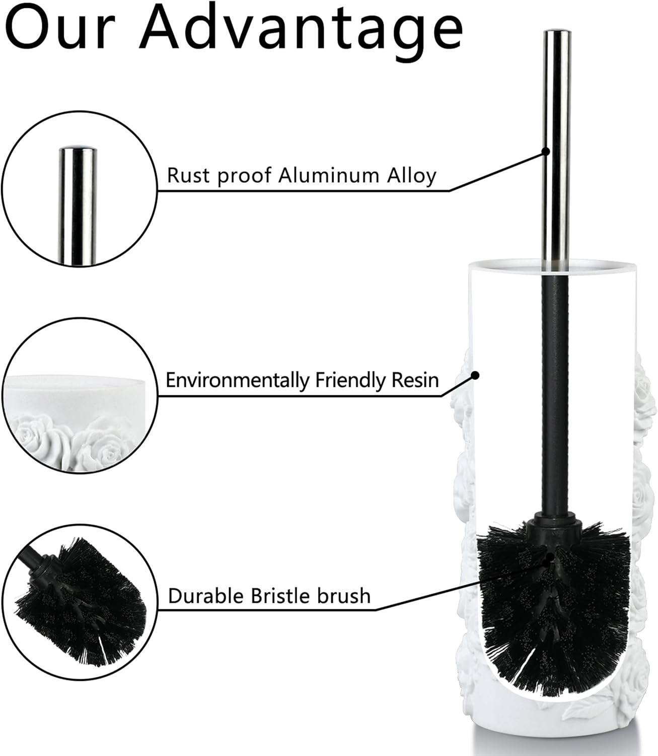 White Floral Branches Design Resin Toilet Bowl Brush and Holder Set, Elegant Bathroom Cleaning Tool with Durable Bristles, Compact and Functional
