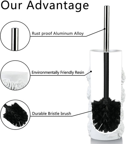 White Floral Branches Design Resin Toilet Bowl Brush and Holder Set, Elegant Bathroom Cleaning Tool with Durable Bristles, Compact and Functional
