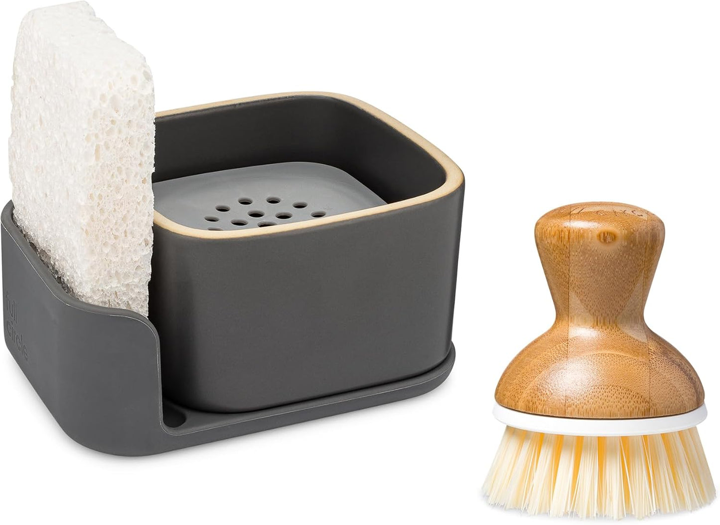 Full Circle Bubble Up Bamboo Dish Brush & Ceramic Soap Dispenser – Family Safe, Formaldehyde-Free – Kitchen Scrub Brush for Dishes, Nonstick & Cast Iron, Gray