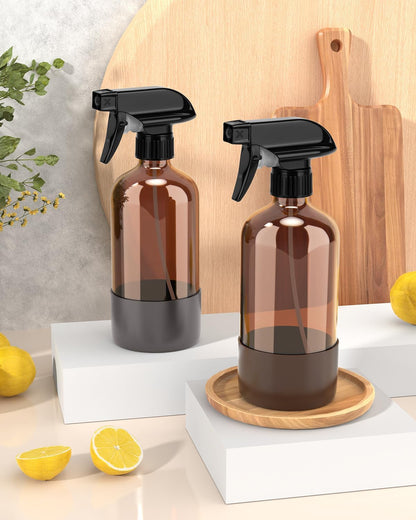 Bontip Glass Spray Bottle with Silicone Sleeve Protection, Amber Glass Spray Bottle Set for Window Cleaner Aromatherapy Facial Hydration Watering Flowers Hair Care 2 Pack/16 oz (Black & Brown)