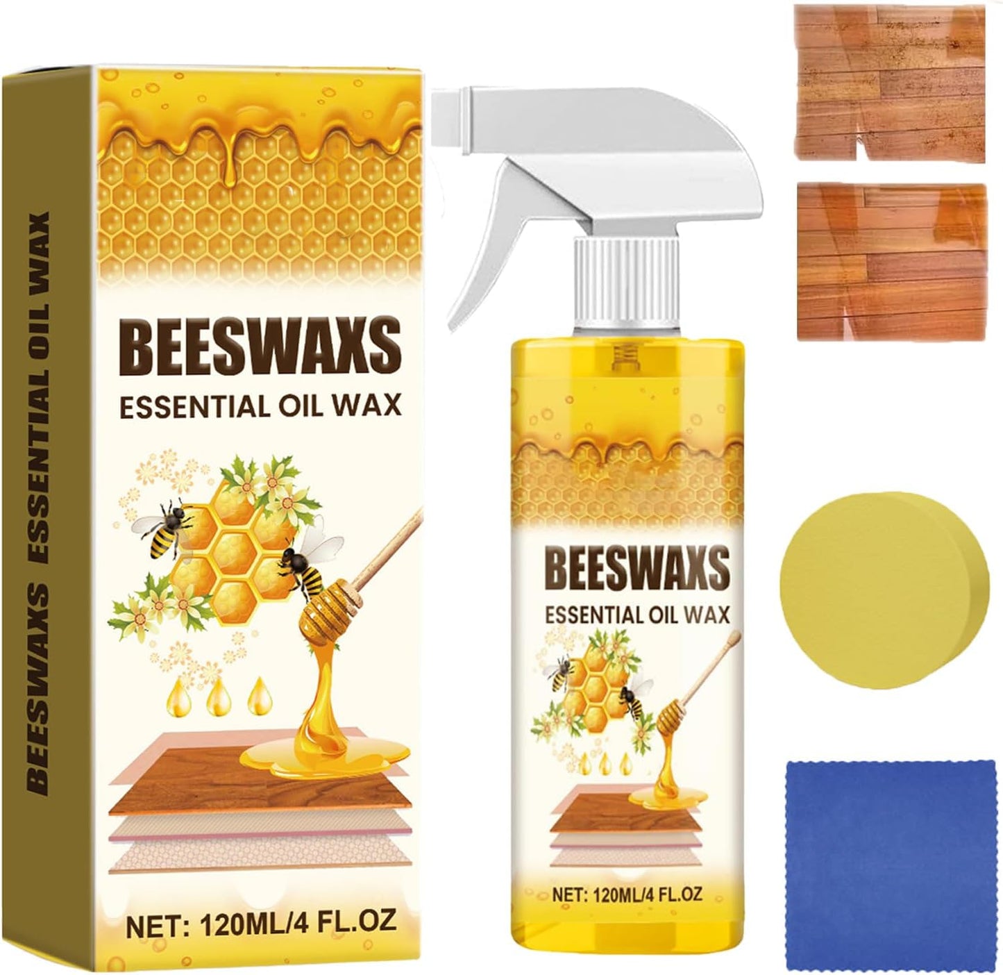 Wood Polish Spray– Shine & Protect + Free Sponge & Towel, Bees Wax Furniture Polish and Cleaner, Natural Care and Repair Agent, Suitable for Living Room, Kitchen, Wooden Furniture and Floor (2PCS)