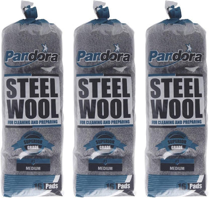 Pandora Steel Wool #2 – Coarse Grade, 16 Pads for Cleaning and Removing - Quality Metal Strands - Ideal to Remove Floor Scuff Marks and Old Wax