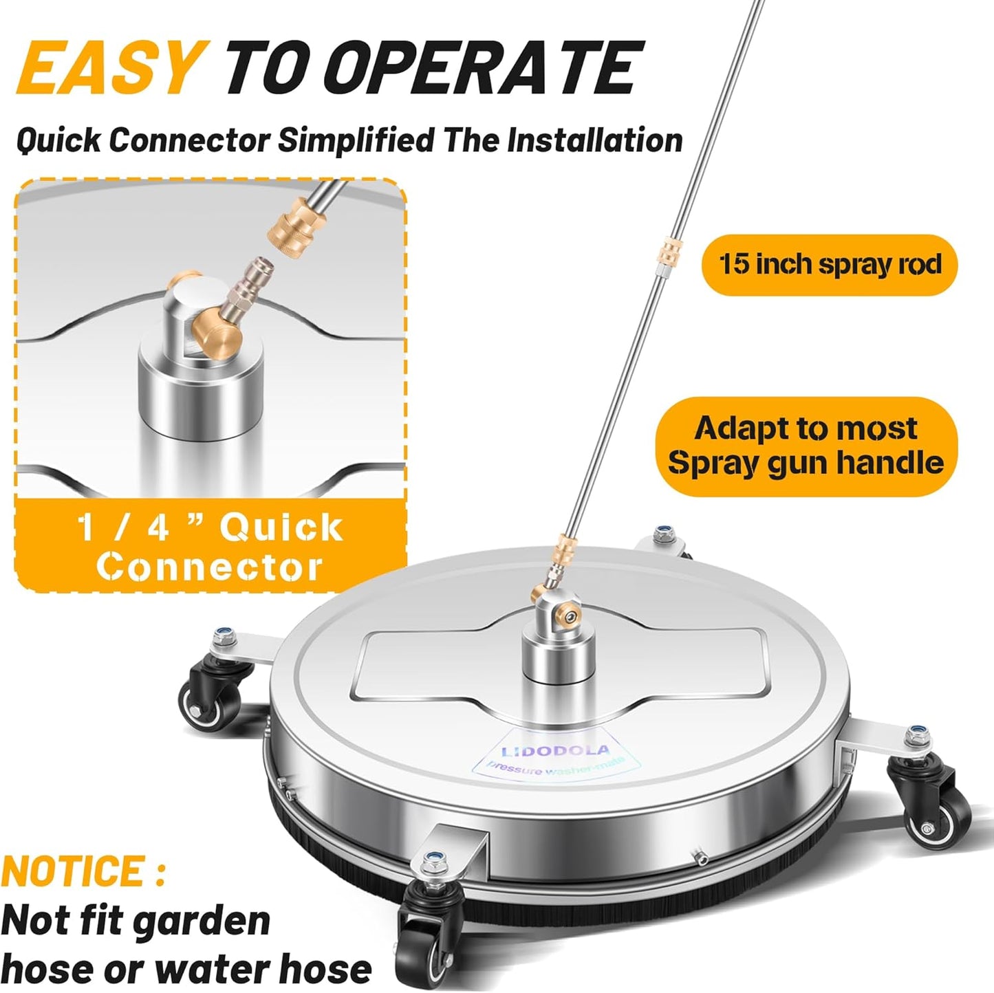 14" Pressure Washer Surface Cleaner with 4 Wheels - Stainless Steel Surface Cleaner for Pressure Washer Attachment for Concrete, Patio, Sidewalk, Deck and Driveways - PWS14