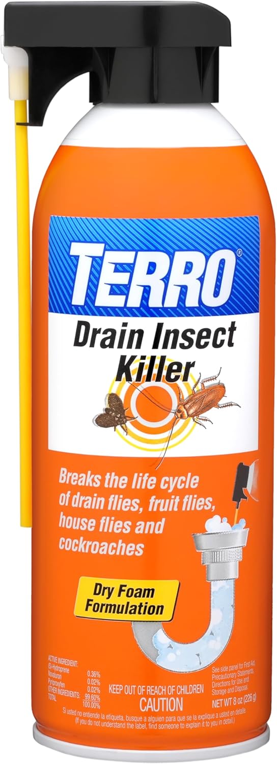 TERRO T590 Drain Insect Killer Foam 1-Pack - Indoor Infestation Treatment for Cockroaches, Drain Flies, House and Fruit Flies with Extension Tube Application
