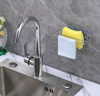 TESOT Sink Caddy Sponge Holder for Kitchen Sink Dish Cloth Hanger 2 Suspension Options(Suction Cups and Adhesive Hook), SUS304 Stainless Steel, Silver
