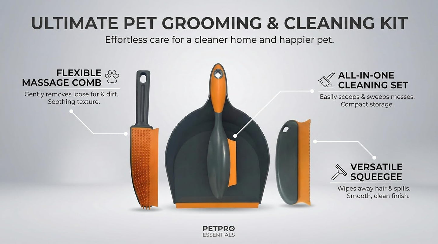 Paws & Co. Pet Hair Remover for Dogs Cats - 4-in-1 Cleaning Kit with Grooming Brush, Massage Comb & Dustpan - Fur Cleaner for Furniture, Carpet, Car, Sofa