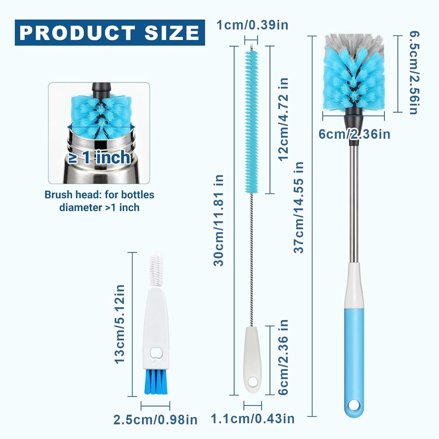 Bottle Brush 15-inch Long Bottle Brush, Kitchen Brush Set with Straw Cleaner and Cup Lid Cleaning Brush. Bottle Brushes Suitable for Water Bottles, Cups, Glasses, Baby Bottles (3, Blue)