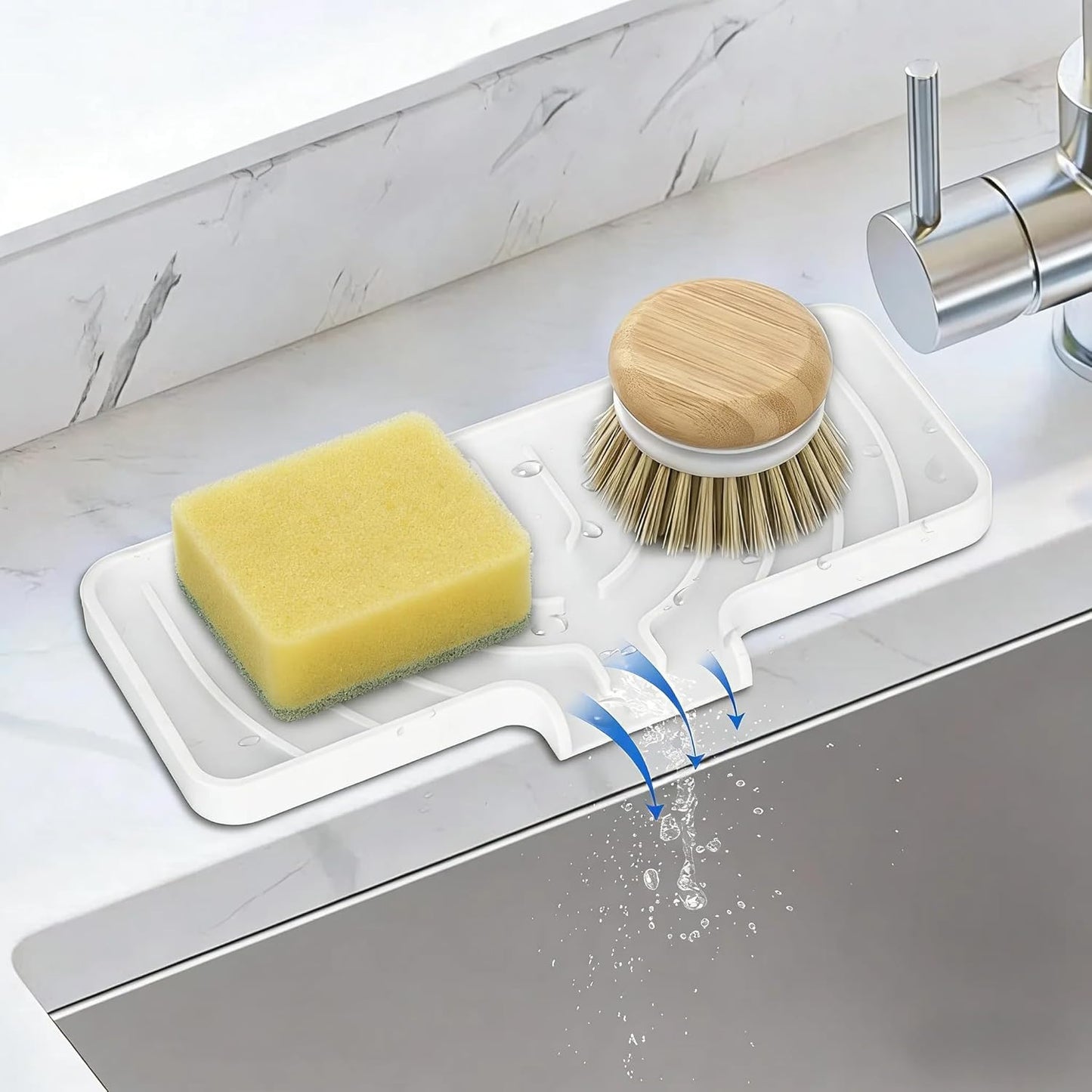 JACZZO Silicone Sponge Holder for Kitchen Sink With Drain Spout, Self Draining, Kitchen Soap Tray, Bathroom Organizer, Sink Caddy (Grey, 10×4)