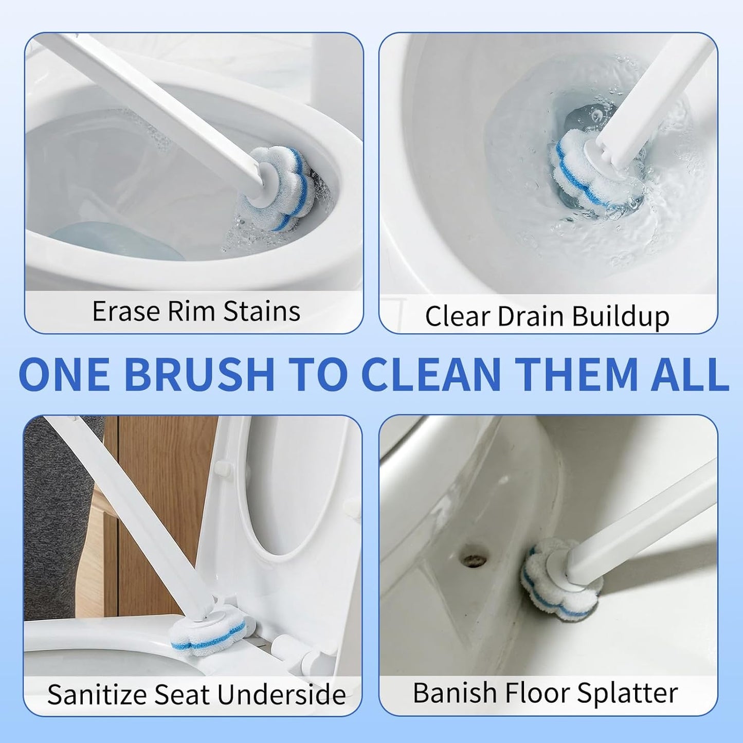 Wazzio 2 Pack Disposable Toilet Brush with Holder Set, 104 Count Toilet Wand Refills, Extended Handle Toilet Bowl Cleaner Brush for Bathroom and Bathtub Deep Cleaning
