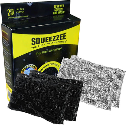 Squeezzee Soap Filled Scrubber Sponges 2-Pack - Non Scratch Scrubbing Sponge with Built-in Dishwashing Liquid Dish Soap, Double Sided Kitchen Cleaning Scrubbers, Up to 300 Washes Per Sponge