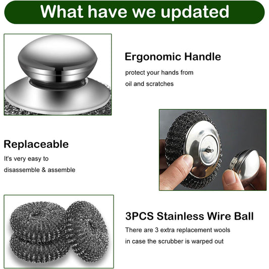 Steel Wool Scrubber with 2 Handles & 3 Replacement Wire Sponge(Scouring Pads) - Stainless Metal Cleaner Heavy Duty Brush for Pots, Pans, Cast Iron, Grill, Sink, Dishes, Stove, Kitchen Deep Clean